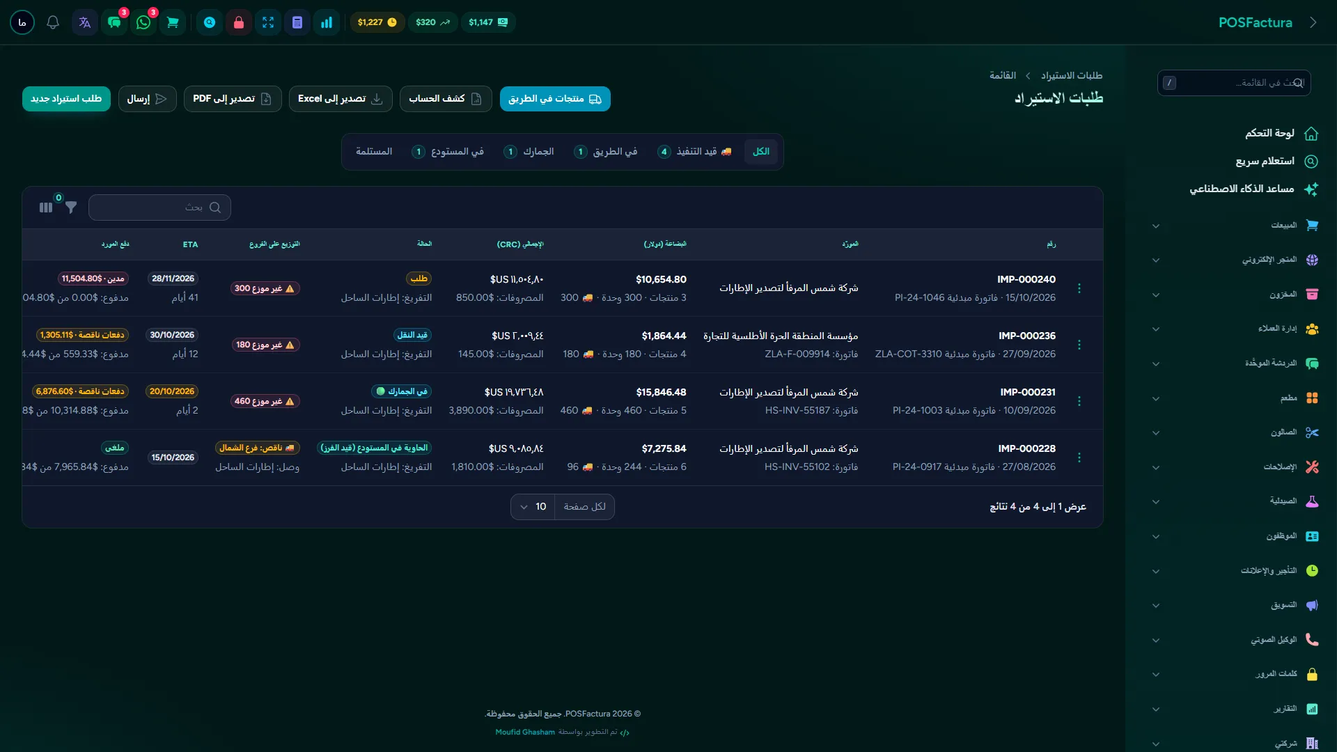 طلبيات الاستيراد مع حالتها والتوزيع على كل فرع