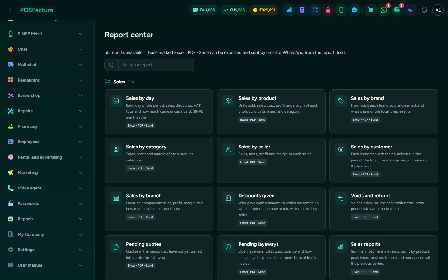 The report center, grouped by topic and with a search box
