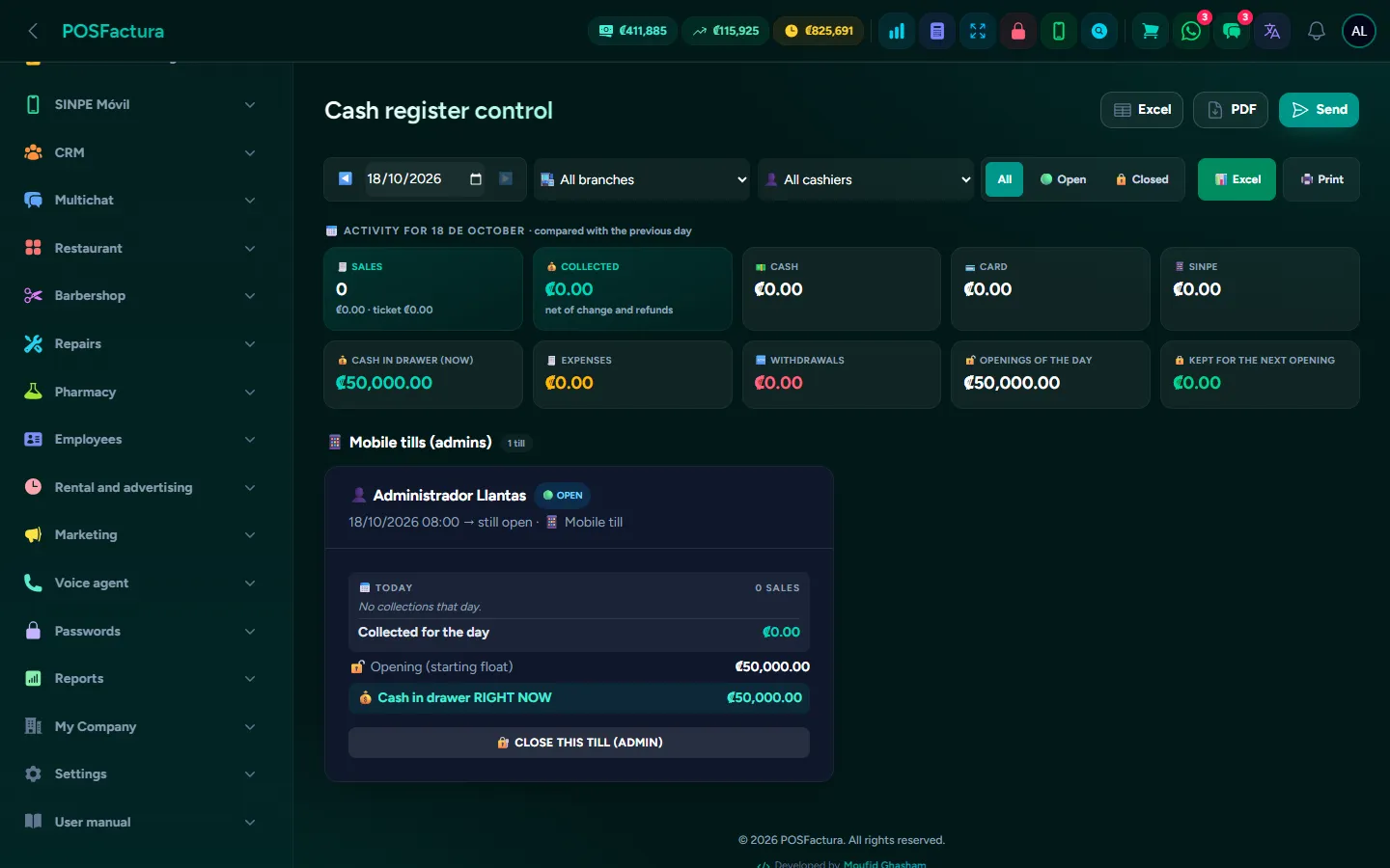 The shift close: float, sales, expected cash, counted and difference