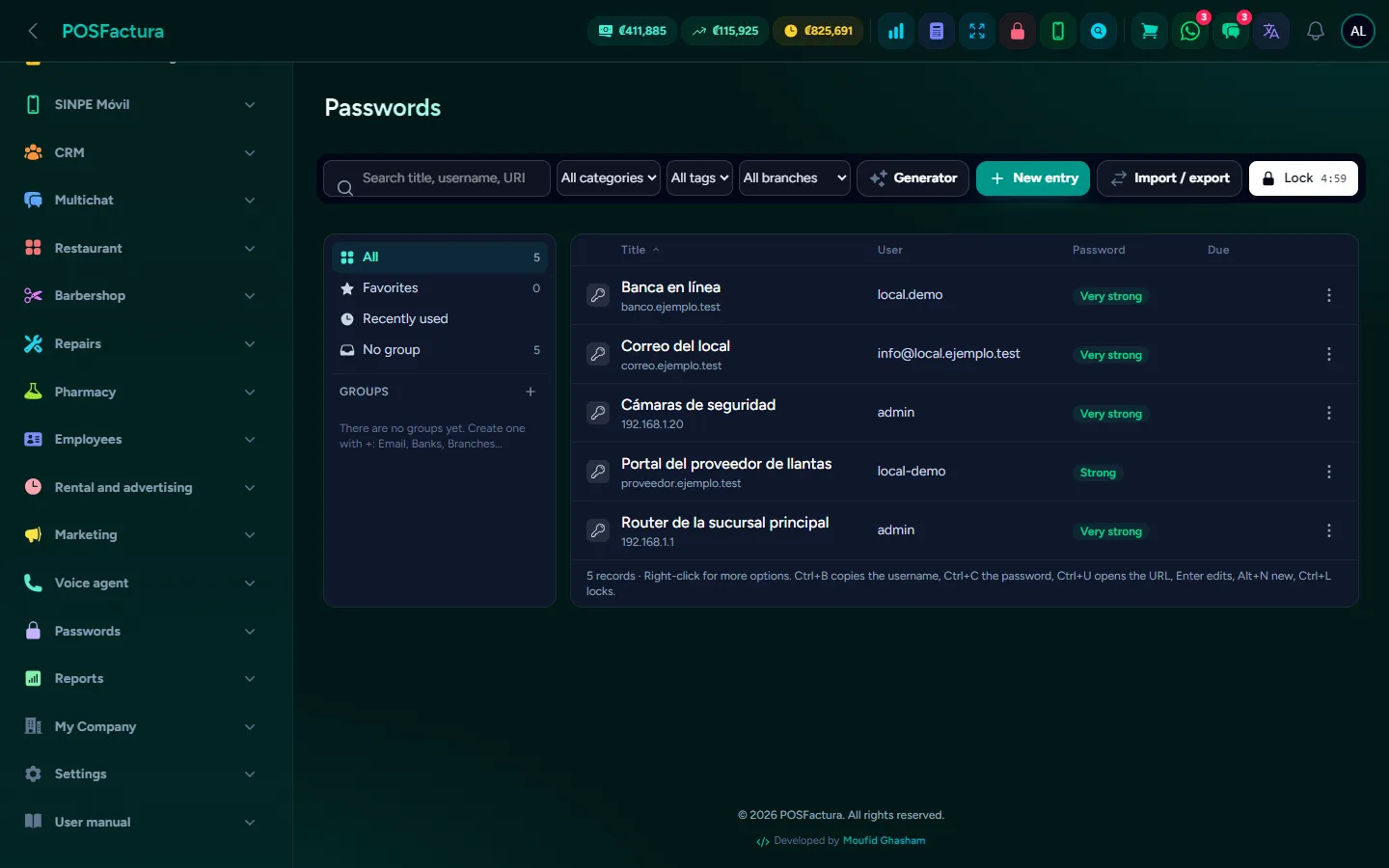 The password list with its groups and alerts