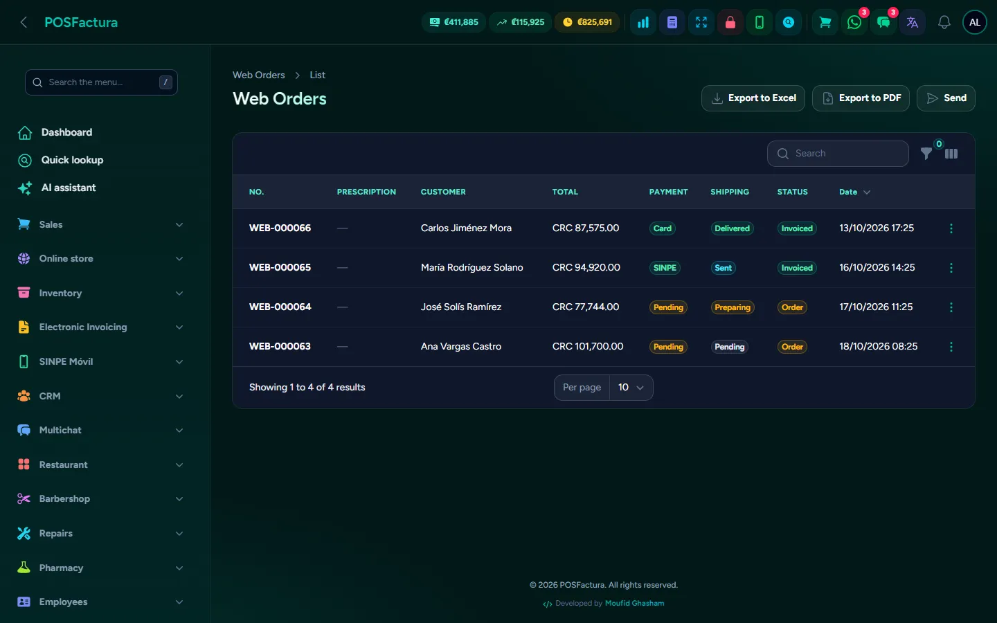 Web orders with their payment and shipping status