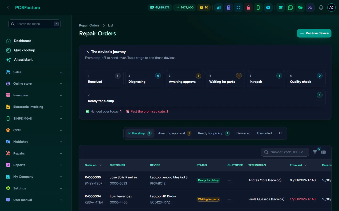 Repair orders with the device's progress by stage