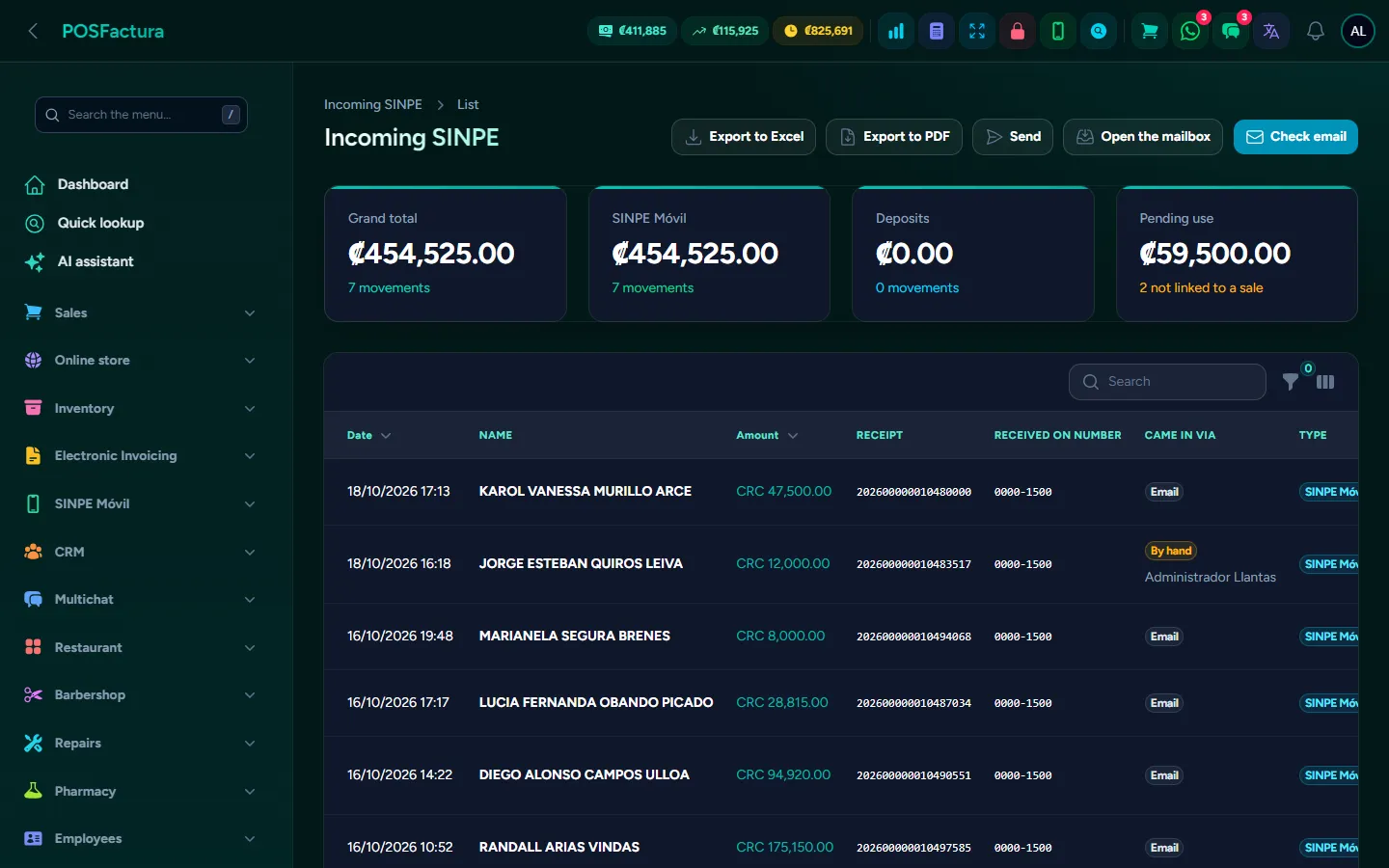 SINPE payments received, with who paid, which number it came into and which sale it was used in