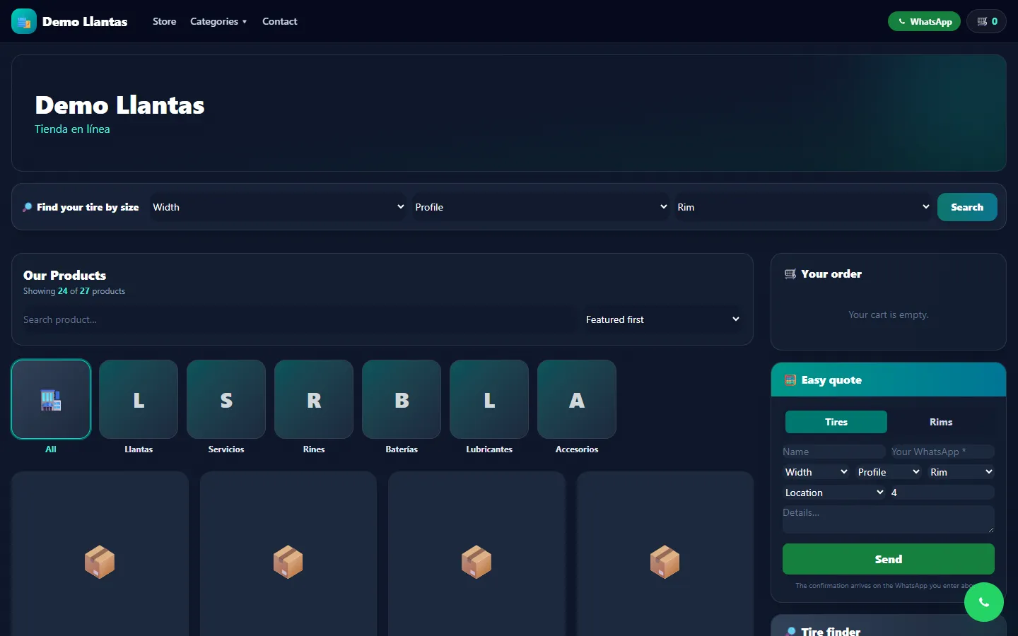 The store's home page with banners, categories and the search box