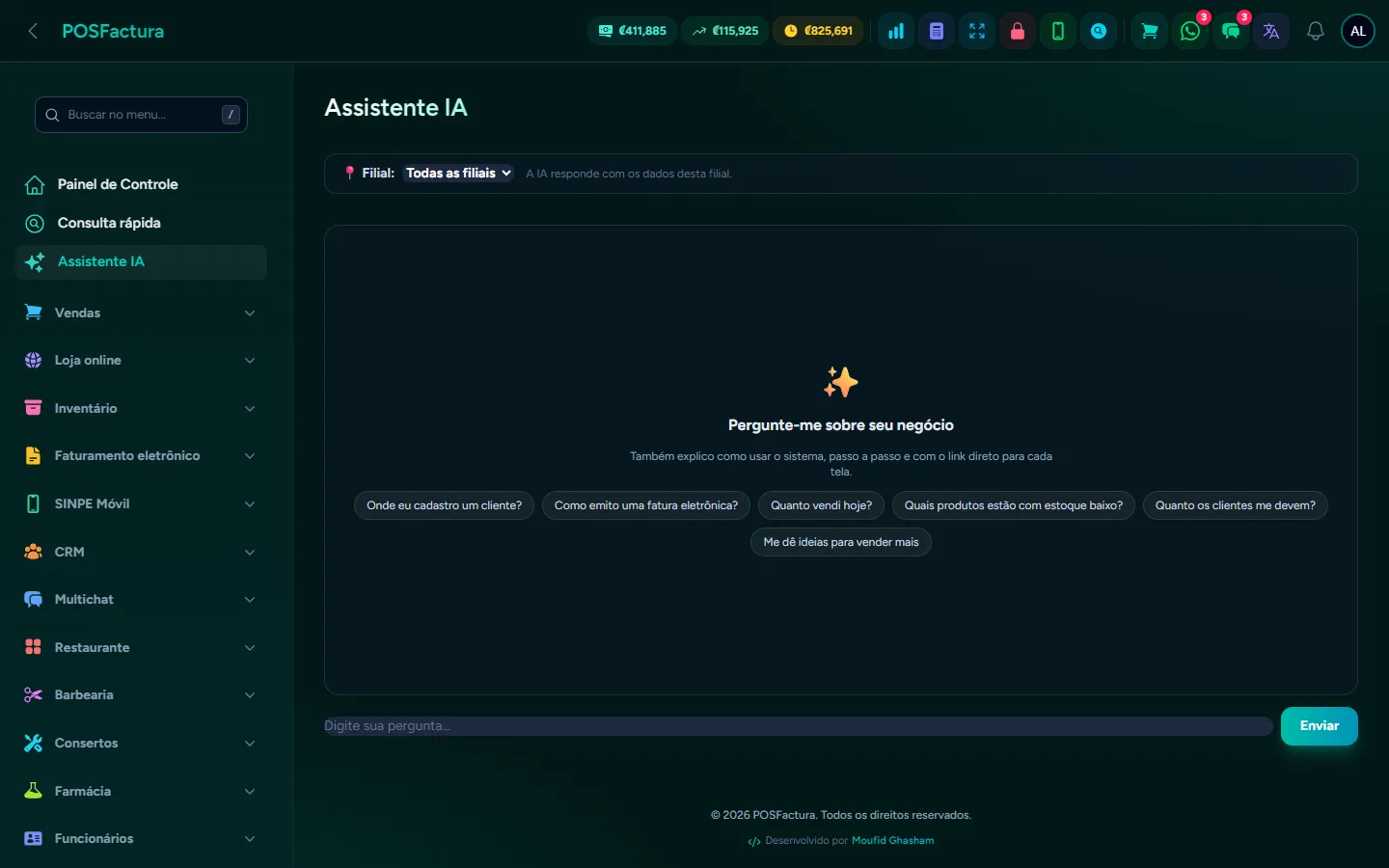 O assistente respondendo com os dados do negócio
